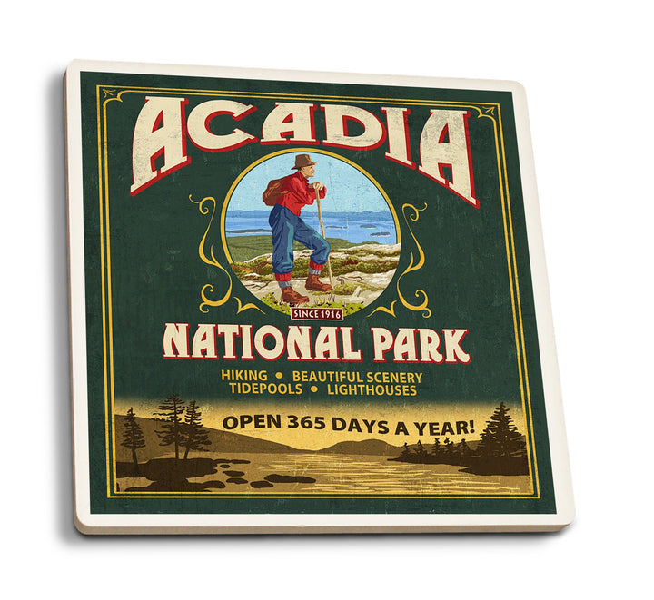 Acadia National Park, Maine, Vintage Hiker Sign, Lantern Press Artwork, Coaster Set Coasters Lantern Press 