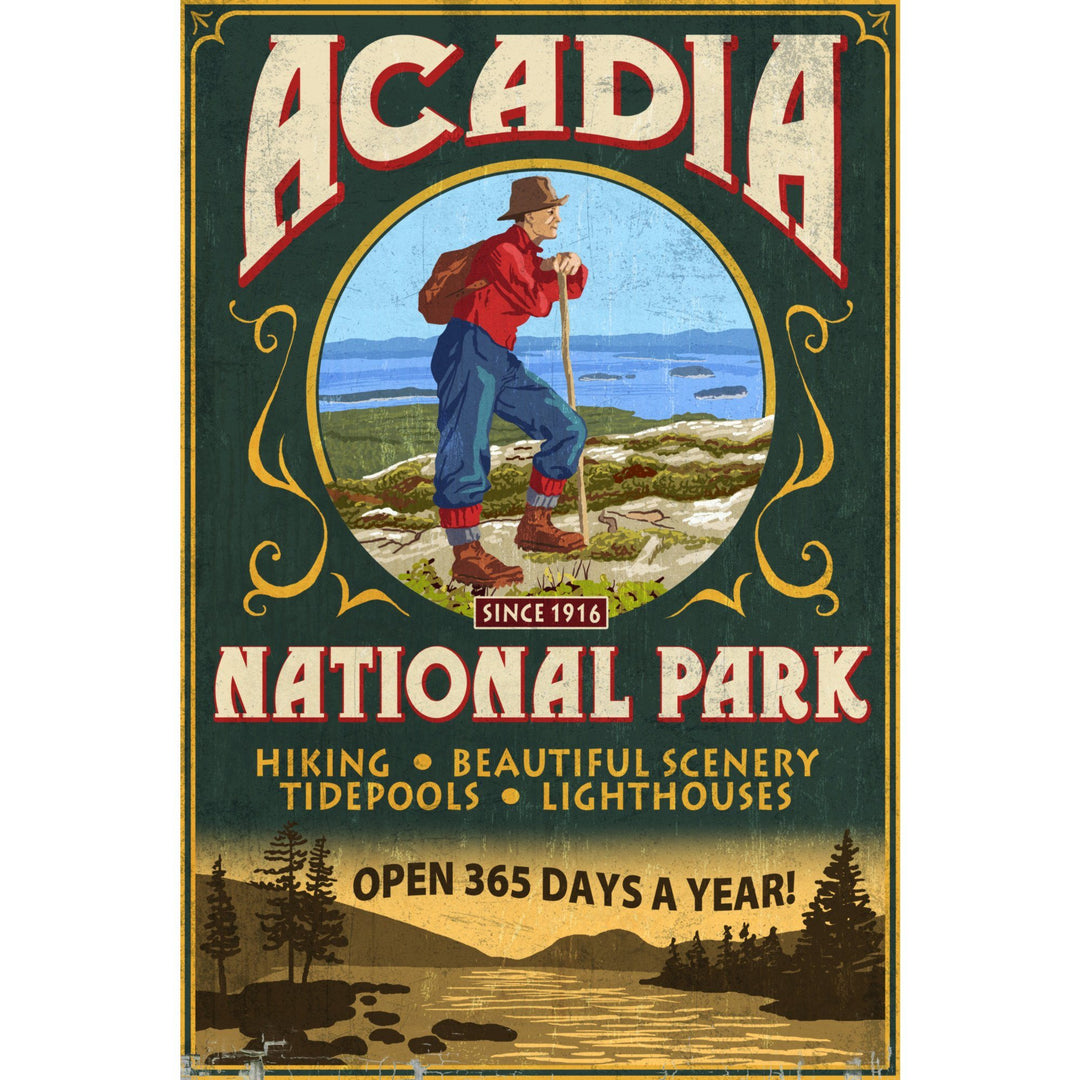 Acadia National Park, Maine, Vintage Hiker Sign, Lantern Press Artwork, Towels and Aprons Kitchen Lantern Press 