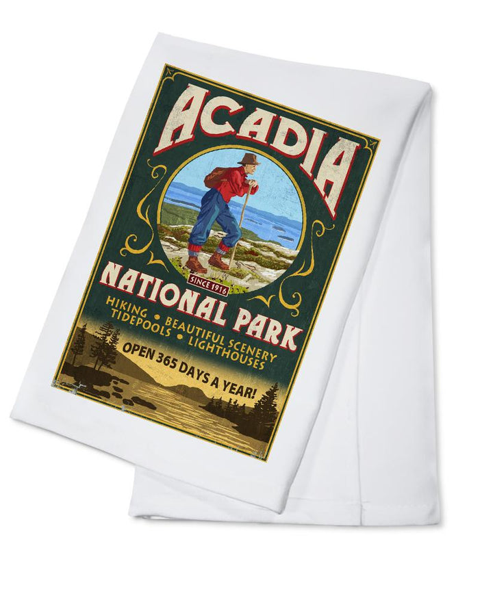 Acadia National Park, Maine, Vintage Hiker Sign, Lantern Press Artwork, Towels and Aprons Kitchen Lantern Press Cotton Towel 