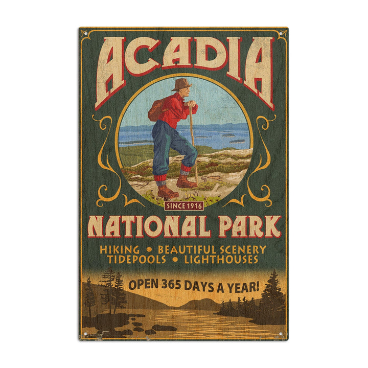 Acadia National Park, Maine, Vintage Hiker Sign, Lantern Press Artwork, Wood Signs and Postcards Wood Lantern Press 10 x 15 Wood Sign 