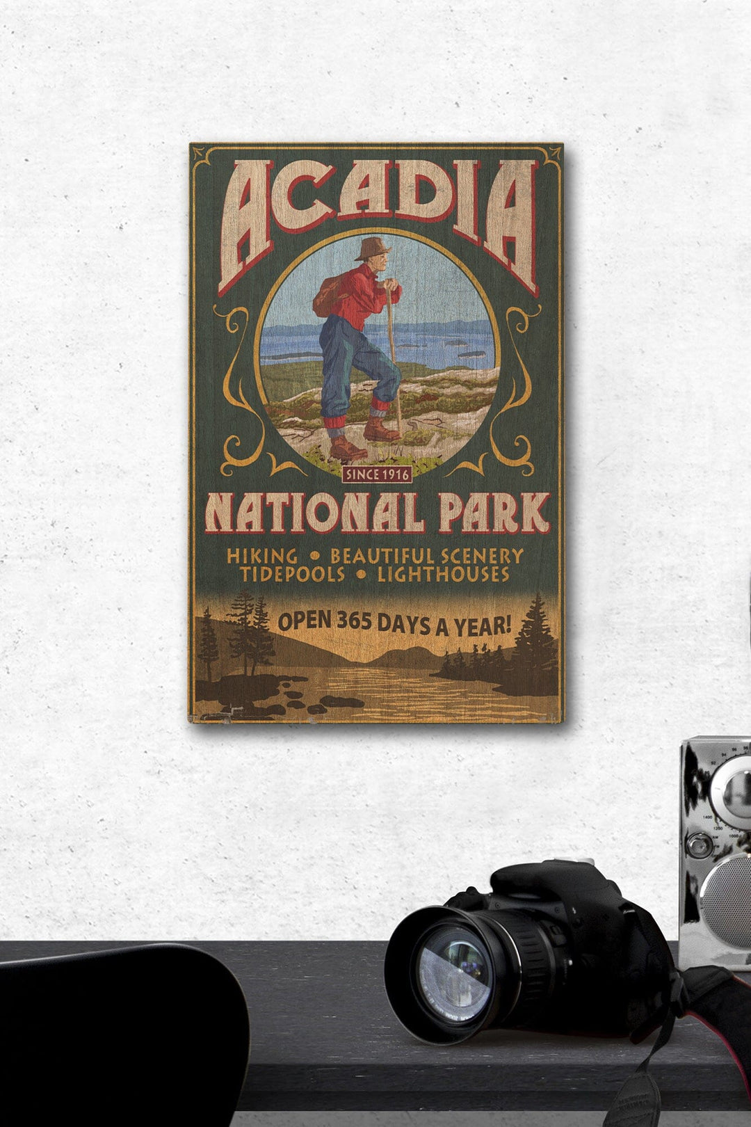Acadia National Park, Maine, Vintage Hiker Sign, Lantern Press Artwork, Wood Signs and Postcards Wood Lantern Press 12 x 18 Wood Gallery Print 