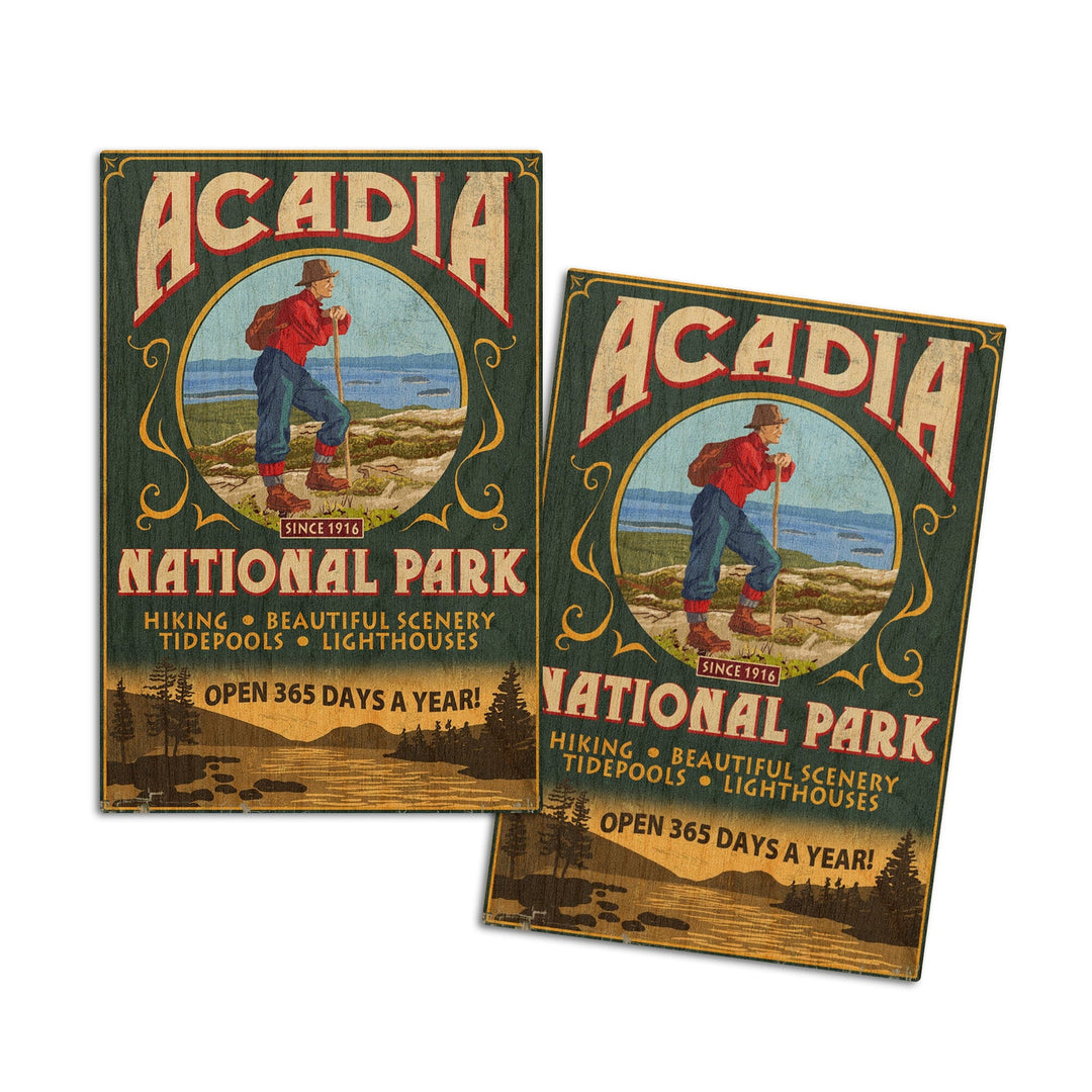 Acadia National Park, Maine, Vintage Hiker Sign, Lantern Press Artwork, Wood Signs and Postcards Wood Lantern Press 4x6 Wood Postcard Set 