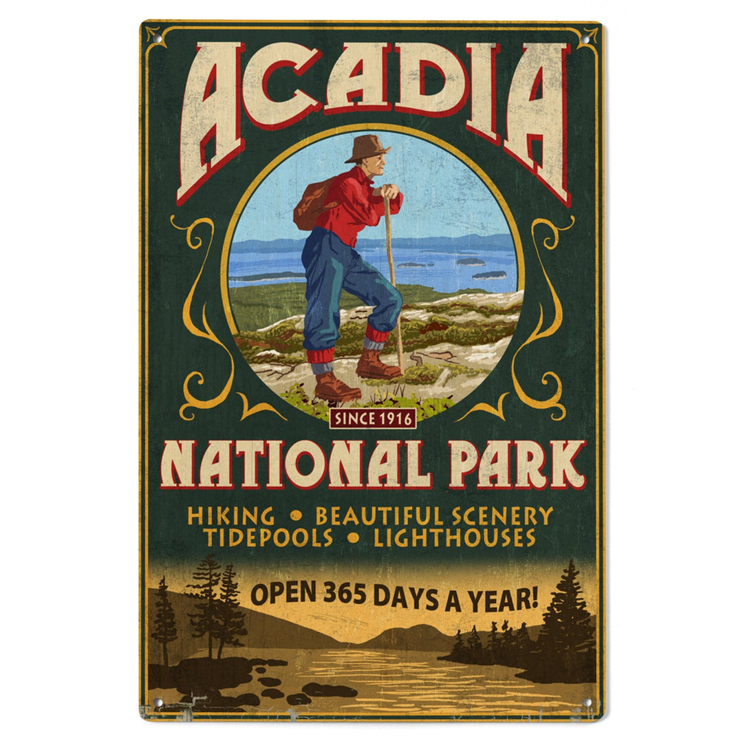 Acadia National Park, Maine, Vintage Hiker Sign, Lantern Press Artwork, Wood Signs and Postcards Wood Lantern Press 