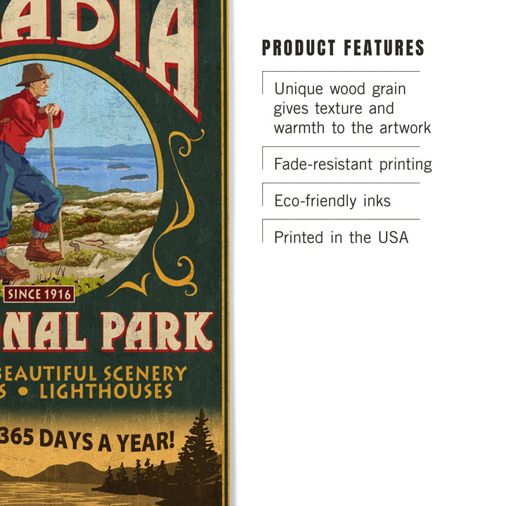 Acadia National Park, Maine, Vintage Hiker Sign, Lantern Press Artwork, Wood Signs and Postcards Wood Lantern Press 