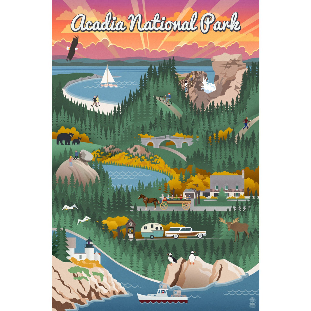 Acadia National Park, Retro View, Lantern Press Artwork, Stretched Canvas Canvas Lantern Press 