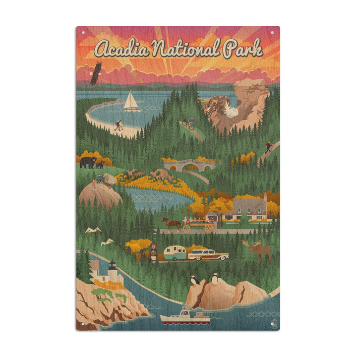 Acadia National Park, Retro View, Lantern Press Artwork, Wood Signs and Postcards Wood Lantern Press 10 x 15 Wood Sign 