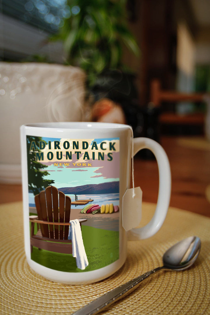 Adirondack Mountains, New York, Adirondack Chair & Lake, Lantern Press Artwork, Ceramic Mug Mugs Lantern Press 
