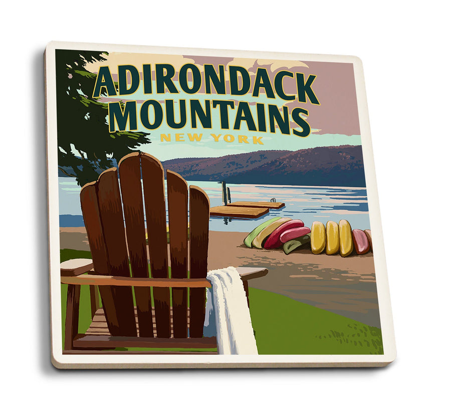 Adirondack Mountains, New York, Adirondack Chair & Lake, Lantern Press Artwork, Coaster Set Coasters Lantern Press 