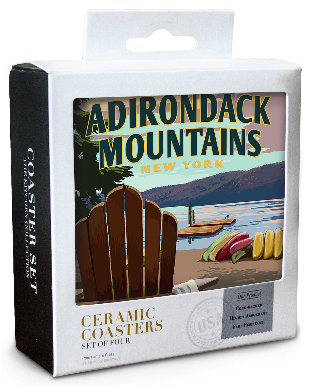 Adirondack Mountains, New York, Adirondack Chair & Lake, Lantern Press Artwork, Coaster Set Coasters Lantern Press 