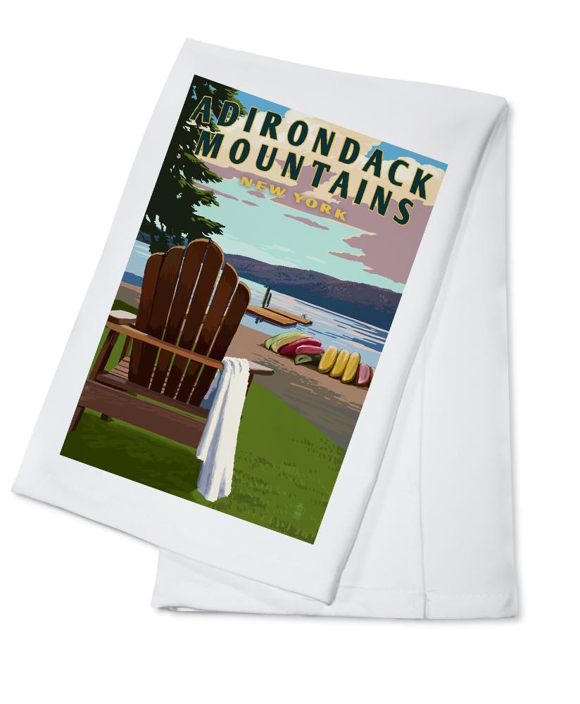 Adirondack Mountains, New York, Adirondack Chair & Lake, Lantern Press Artwork, Towels and Aprons Kitchen Lantern Press Cotton Towel 