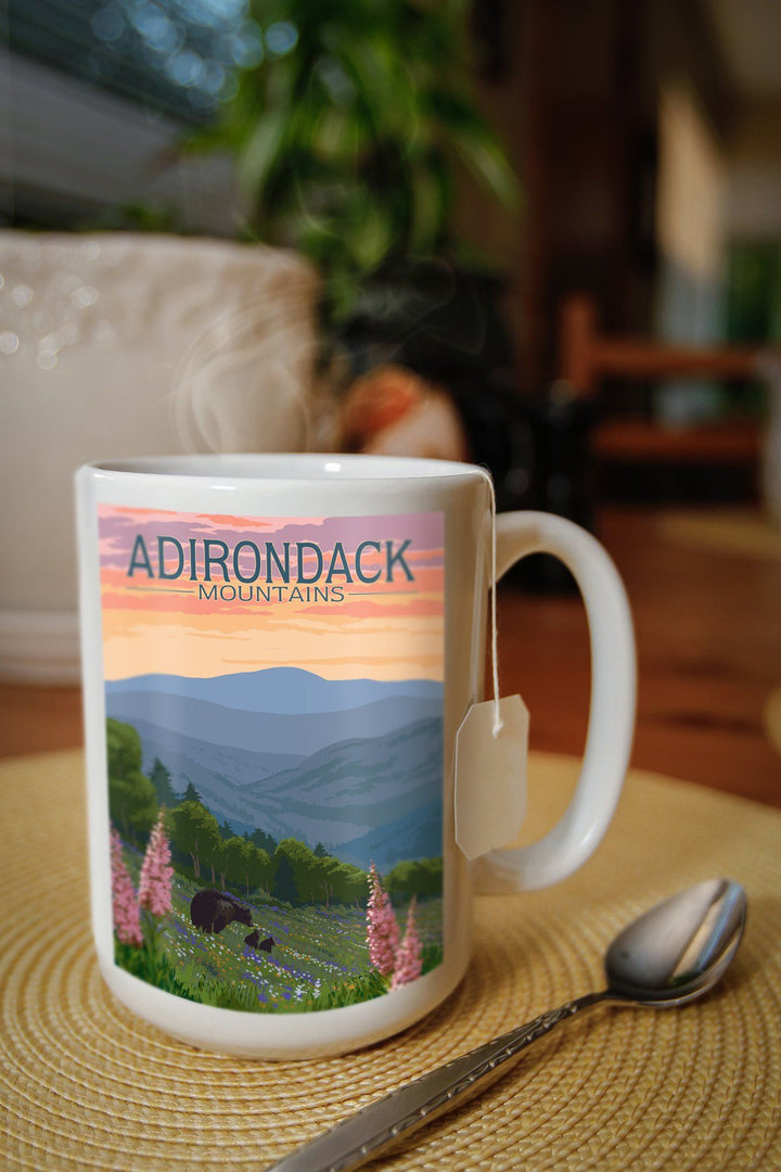 Adirondack Mountains, New York, Bears & Spring Flowers, Lantern Press Artwork, Ceramic Mug Mugs Lantern Press 