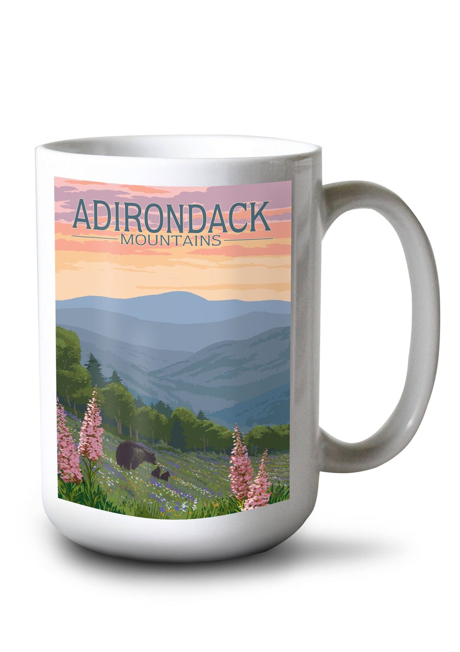 Adirondack Mountains, New York, Bears & Spring Flowers, Lantern Press Artwork, Ceramic Mug Mugs Lantern Press 