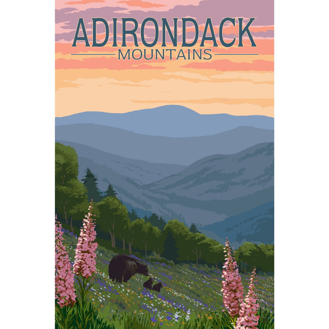Adirondack Mountains, New York, Bears & Spring Flowers, Lantern Press Artwork, Towels and Aprons Kitchen Lantern Press 