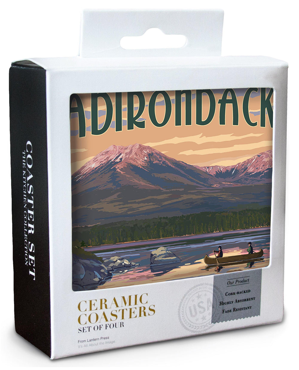 Adirondack Mountains, New York, Lake and Mountain View, Lantern Press Artwork, Coaster Set Coasters Lantern Press 