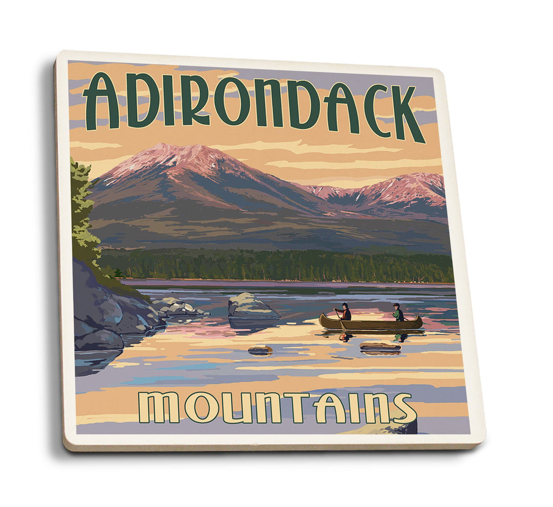Adirondack Mountains, New York, Lake and Mountain View, Lantern Press Artwork, Coaster Set Coasters Lantern Press 