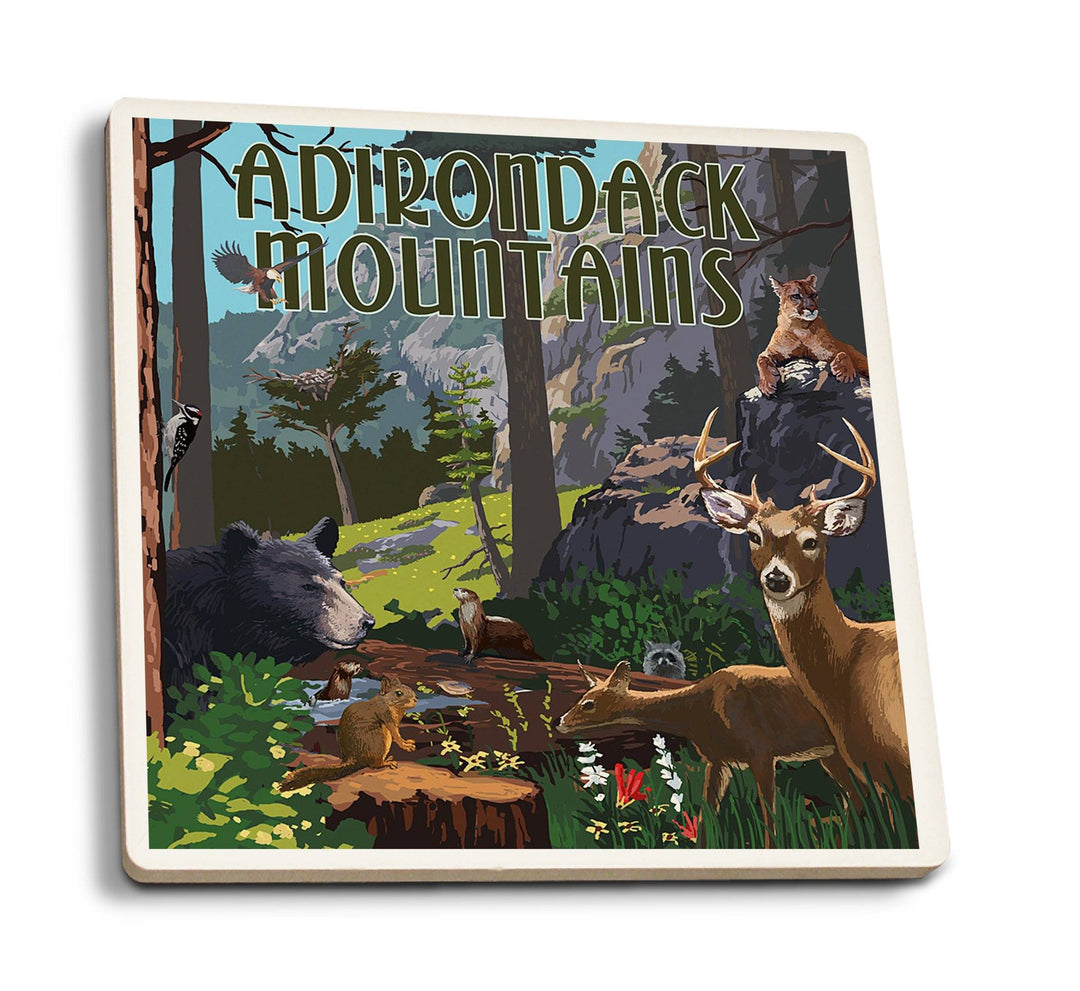 Adirondack Mountains, New York, Wildlife Utopia, Lantern Press Artwork, Coaster Set Coasters Lantern Press 