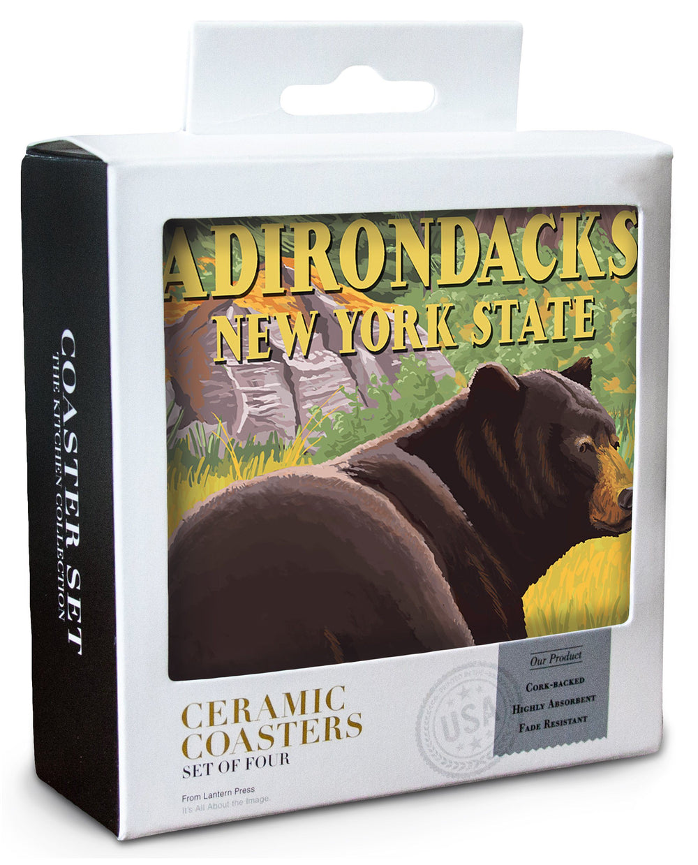 Adirondacks, New York, Black Bear in Forest, Lantern Press Artwork, Coaster Set Coasters Lantern Press 