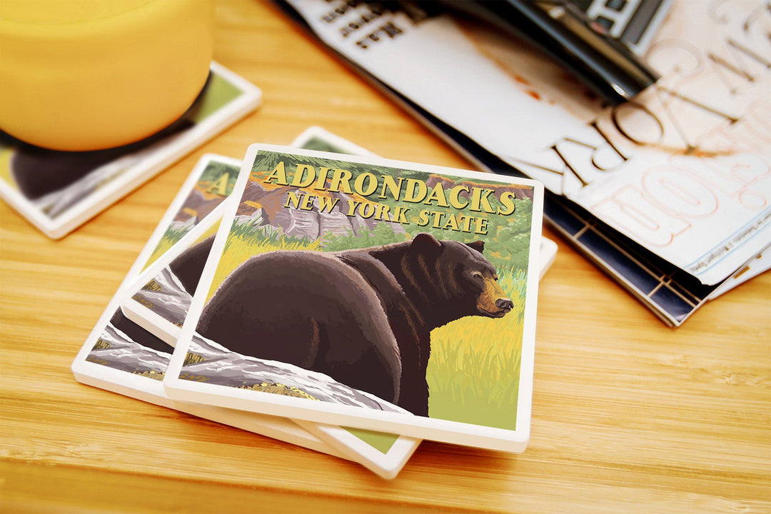 Adirondacks, New York, Black Bear in Forest, Lantern Press Artwork, Coaster Set Coasters Lantern Press 