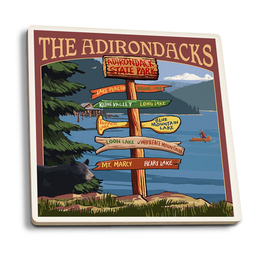 Adirondacks, New York, Destination Signpost, Lantern Press Artwork, Coaster Set Coasters Lantern Press 
