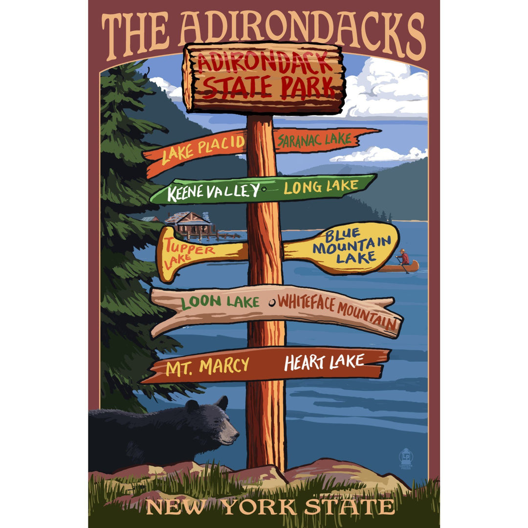 Adirondacks, New York, Destination Signpost, Lantern Press Artwork, Towels and Aprons Kitchen Lantern Press 
