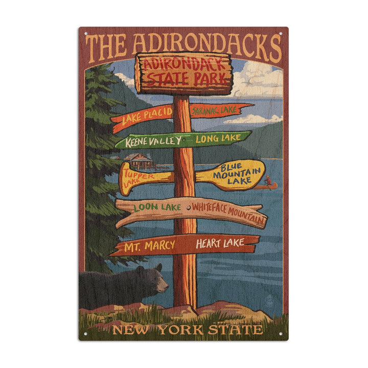 Adirondacks, New York, Destination Signpost, Lantern Press Artwork, Wood Signs and Postcards Wood Lantern Press 10 x 15 Wood Sign 