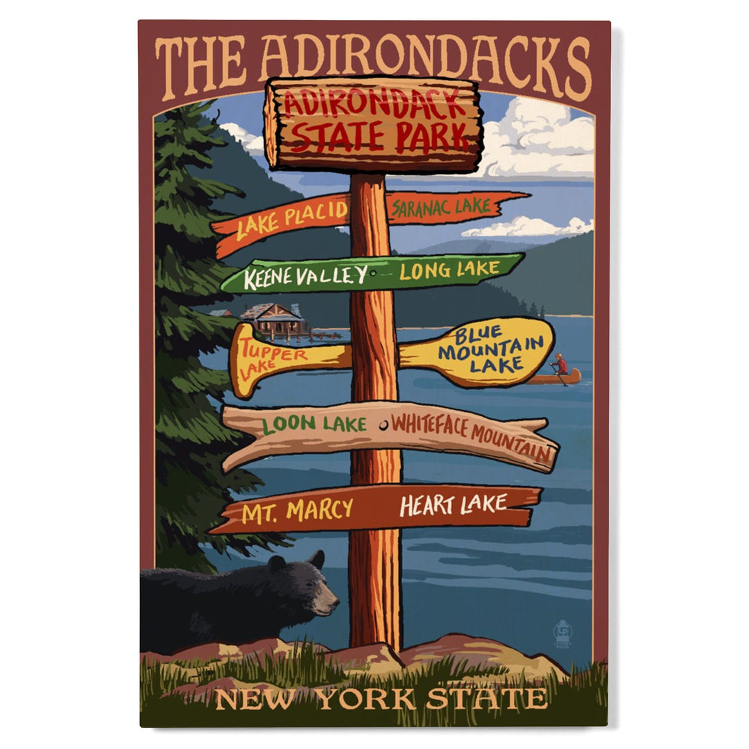 Adirondacks, New York, Destination Signpost, Lantern Press Artwork, Wood Signs and Postcards Wood Lantern Press 