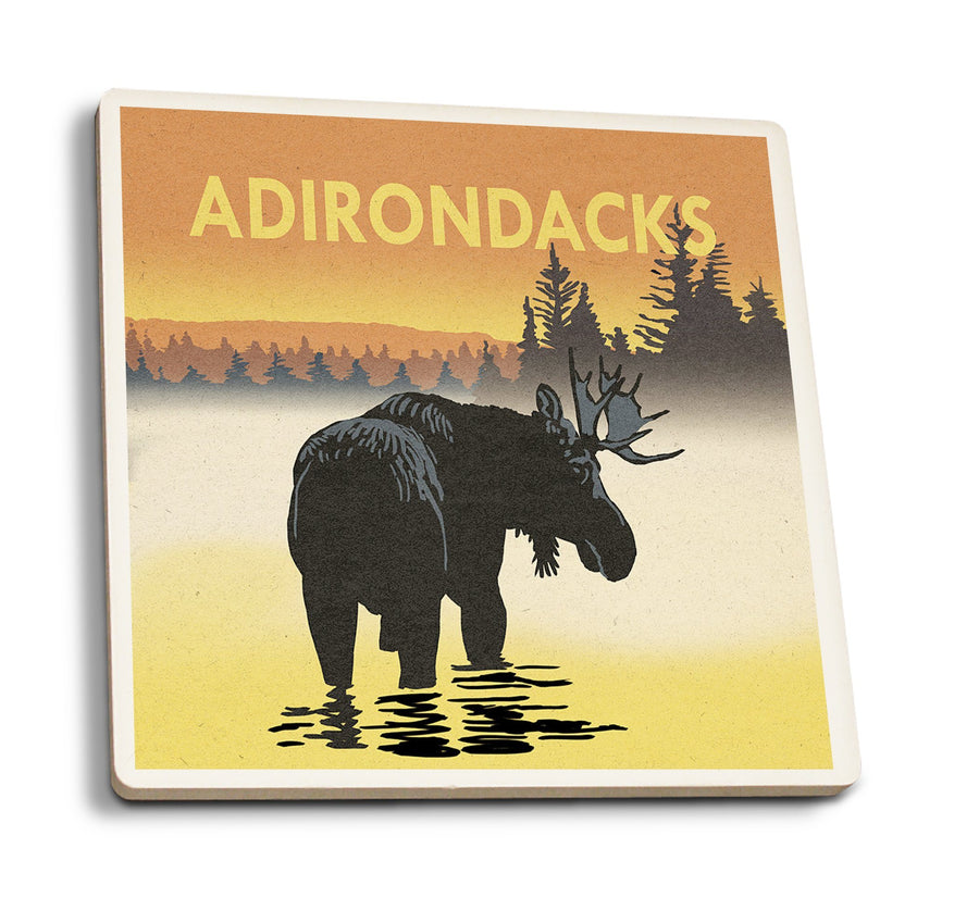 Adirondacks, New York, Moose at Dawn, Lantern Press Artwork, Coaster Set Coasters Lantern Press 