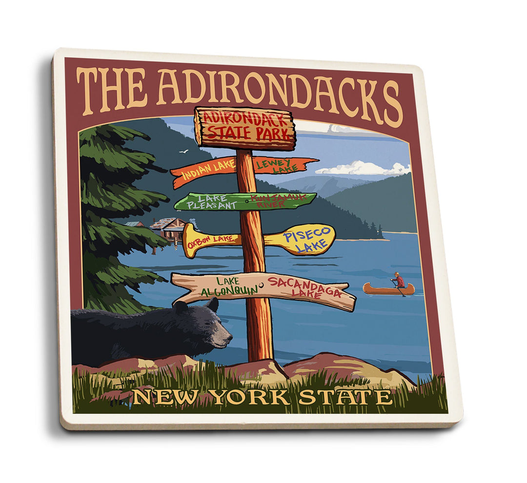 Adirondacks State Park, New York, Destination Signpost, Lantern Press Artwork, Coaster Set Coasters Lantern Press 