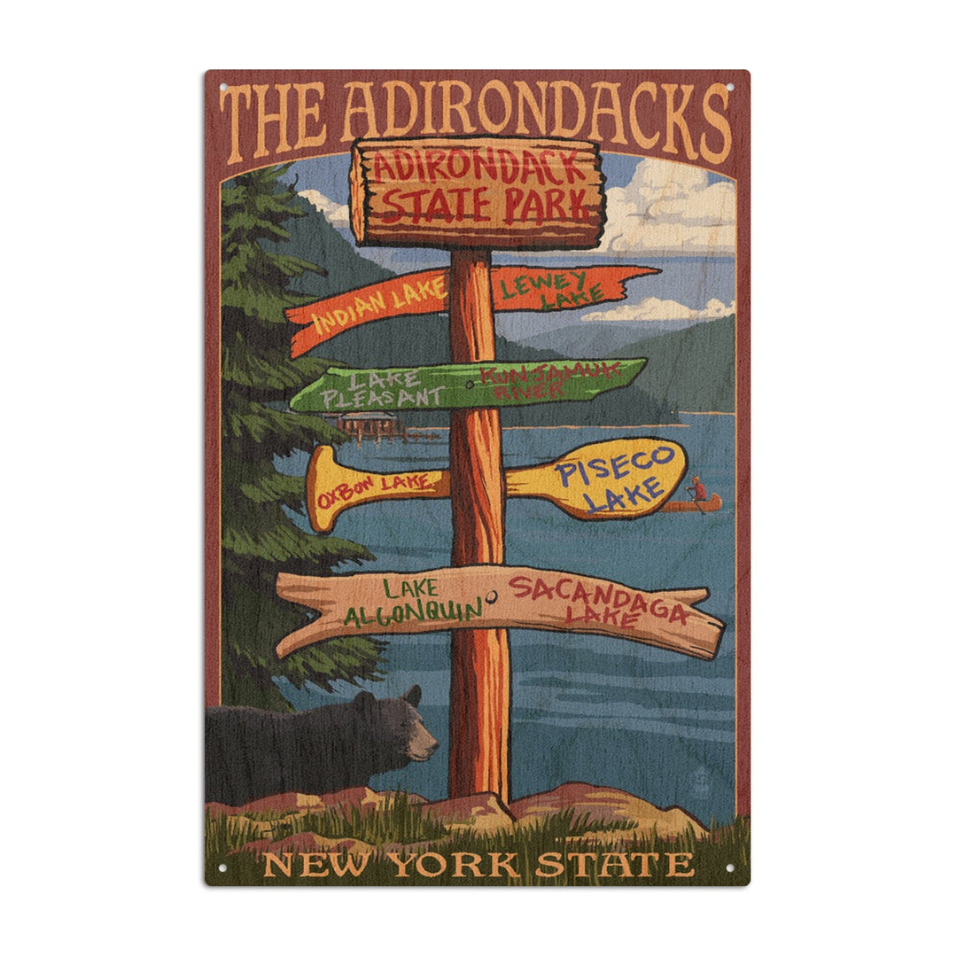 Adirondacks State Park, New York, Destination Signpost, Lantern Press Artwork, Wood Signs and Postcards Wood Lantern Press 10 x 15 Wood Sign 