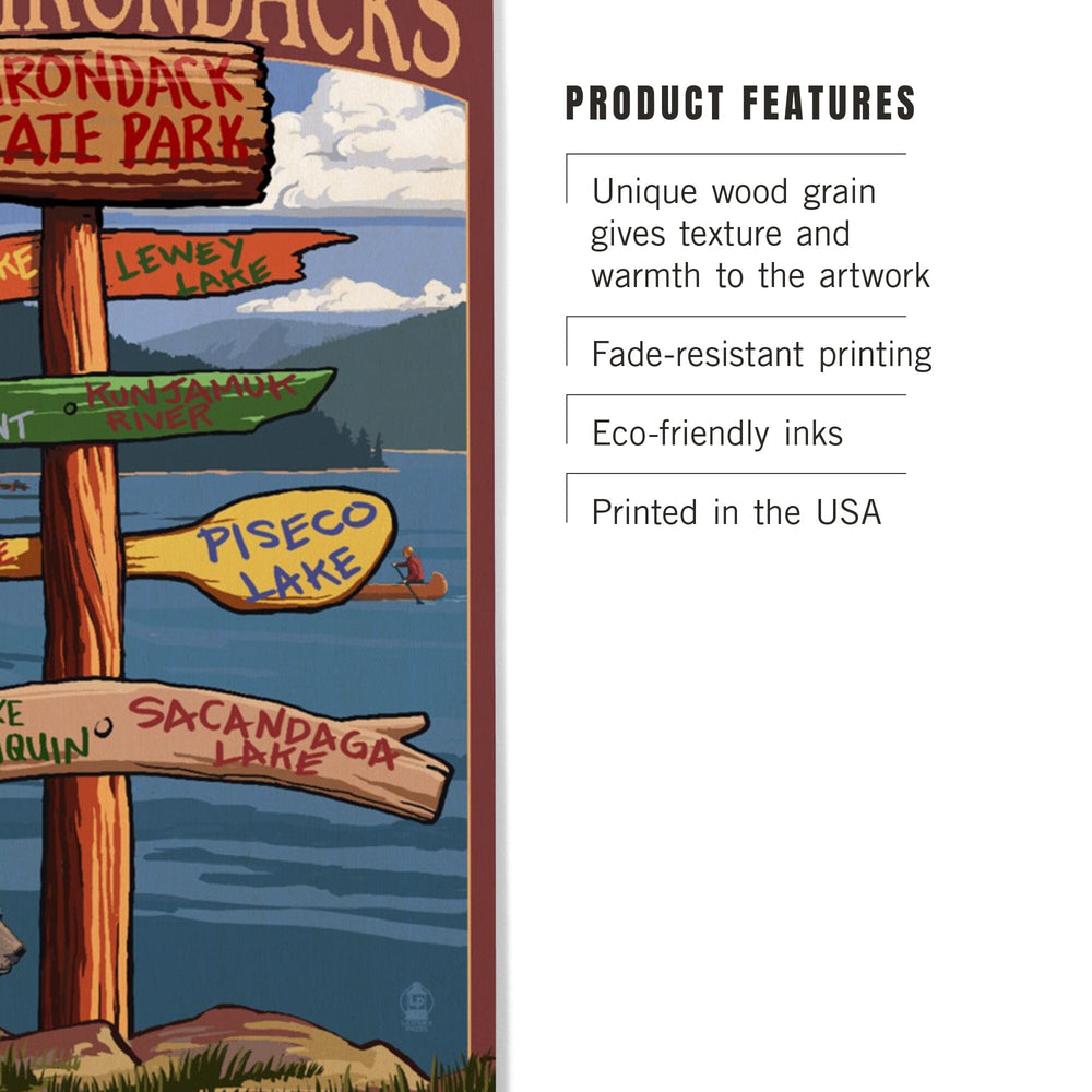 Adirondacks State Park, New York, Destination Signpost, Lantern Press Artwork, Wood Signs and Postcards Wood Lantern Press 
