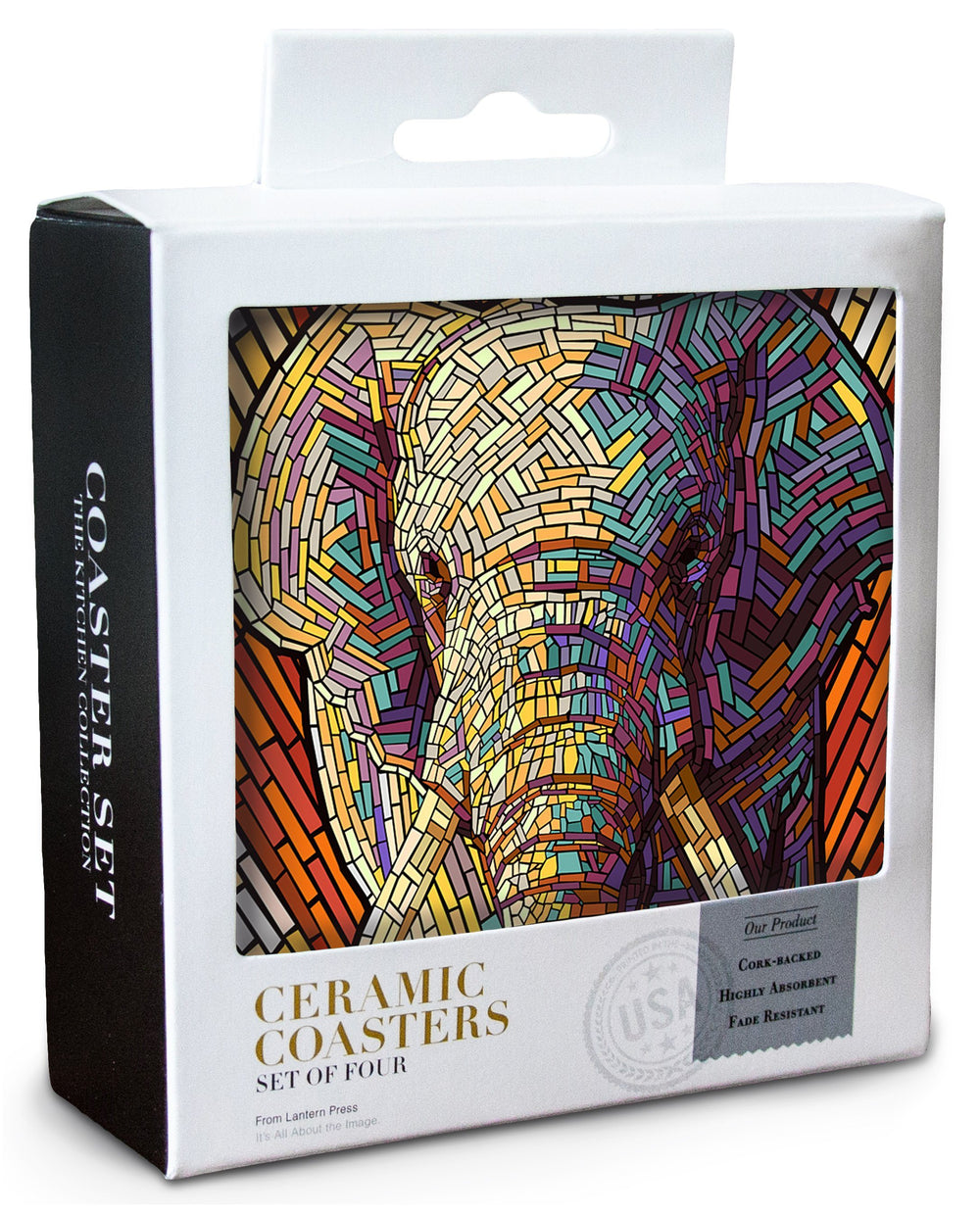 African Elephant, Paper Mosaic, Lantern Press Artwork, Coaster Set Coasters Lantern Press 