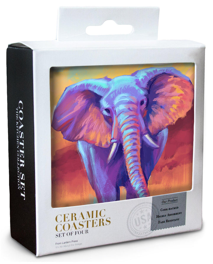African Elephant, Vivid, Lantern Press Artwork, Coaster Set Coasters Lantern Press 