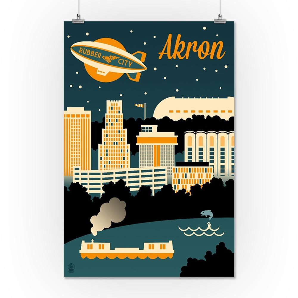 Akron, Ohio, Retro Skyline, Lantern Press Artwork, Art Prints and Metal Signs Art Lantern Press 16 x 24 Giclee Print 