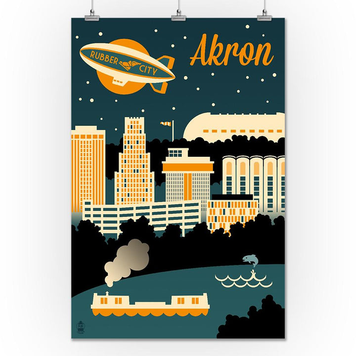 Akron, Ohio, Retro Skyline, Lantern Press Artwork, Art Prints and Metal Signs Art Lantern Press 24 x 36 Giclee Print 