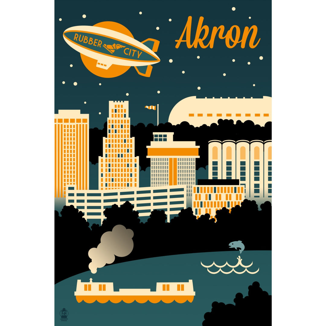 Akron, Ohio, Retro Skyline, Lantern Press Artwork Canvas Lantern Press 
