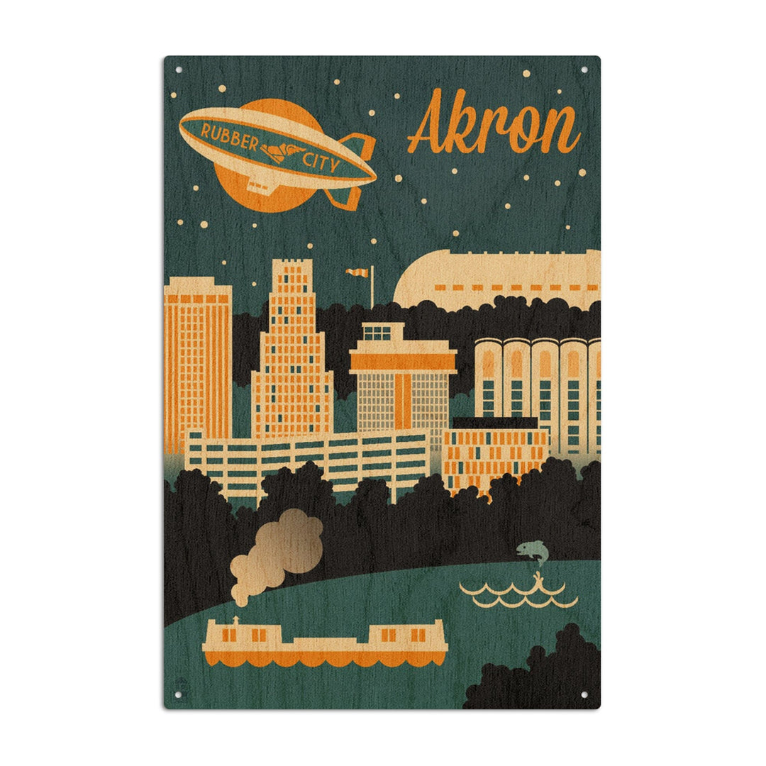 Akron, Ohio, Retro Skyline, Lantern Press Artwork, Wood Signs and Postcards Wood Lantern Press 10 x 15 Wood Sign 