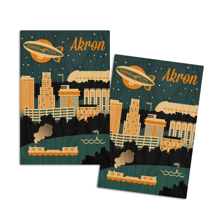 Akron, Ohio, Retro Skyline, Lantern Press Artwork, Wood Signs and Postcards Wood Lantern Press 4x6 Wood Postcard Set 