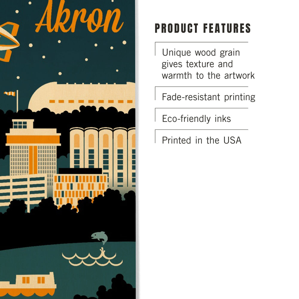 Akron, Ohio, Retro Skyline, Lantern Press Artwork, Wood Signs and Postcards Wood Lantern Press 