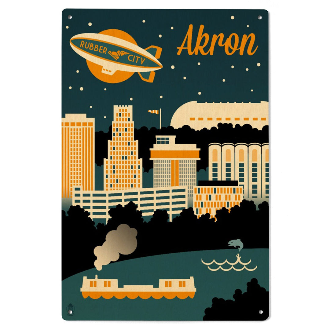 Akron, Ohio, Retro Skyline, Lantern Press Artwork, Wood Signs and Postcards Wood Lantern Press 