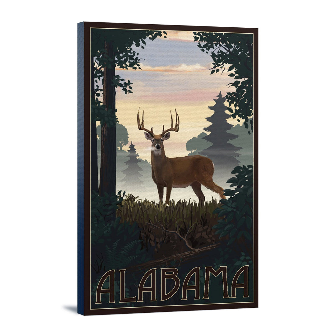Alabama, Deer & Sunrise, Lantern Press Artwork, Stretched Canvas Canvas Lantern Press 12x18 Stretched Canvas 