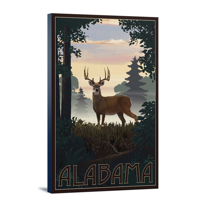 Alabama, Deer & Sunrise, Lantern Press Artwork, Stretched Canvas Canvas Lantern Press 16x24 Stretched Canvas 