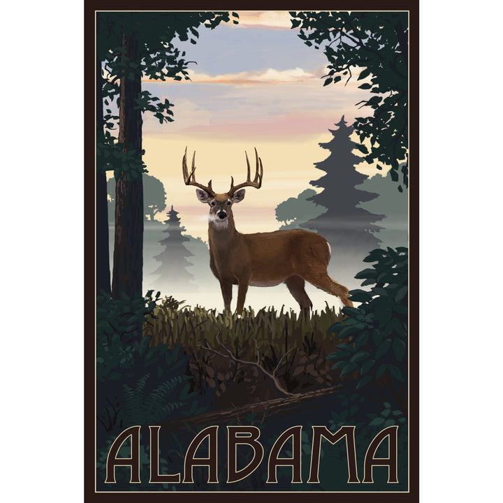 Alabama, Deer & Sunrise, Lantern Press Artwork, Stretched Canvas Canvas Lantern Press 