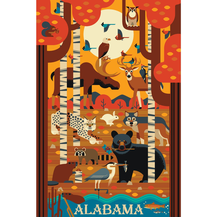 Alabama, Woodland Forest Animals, Fall, Geometric, Lantern Press Artwork, Stretched Canvas Canvas Lantern Press 