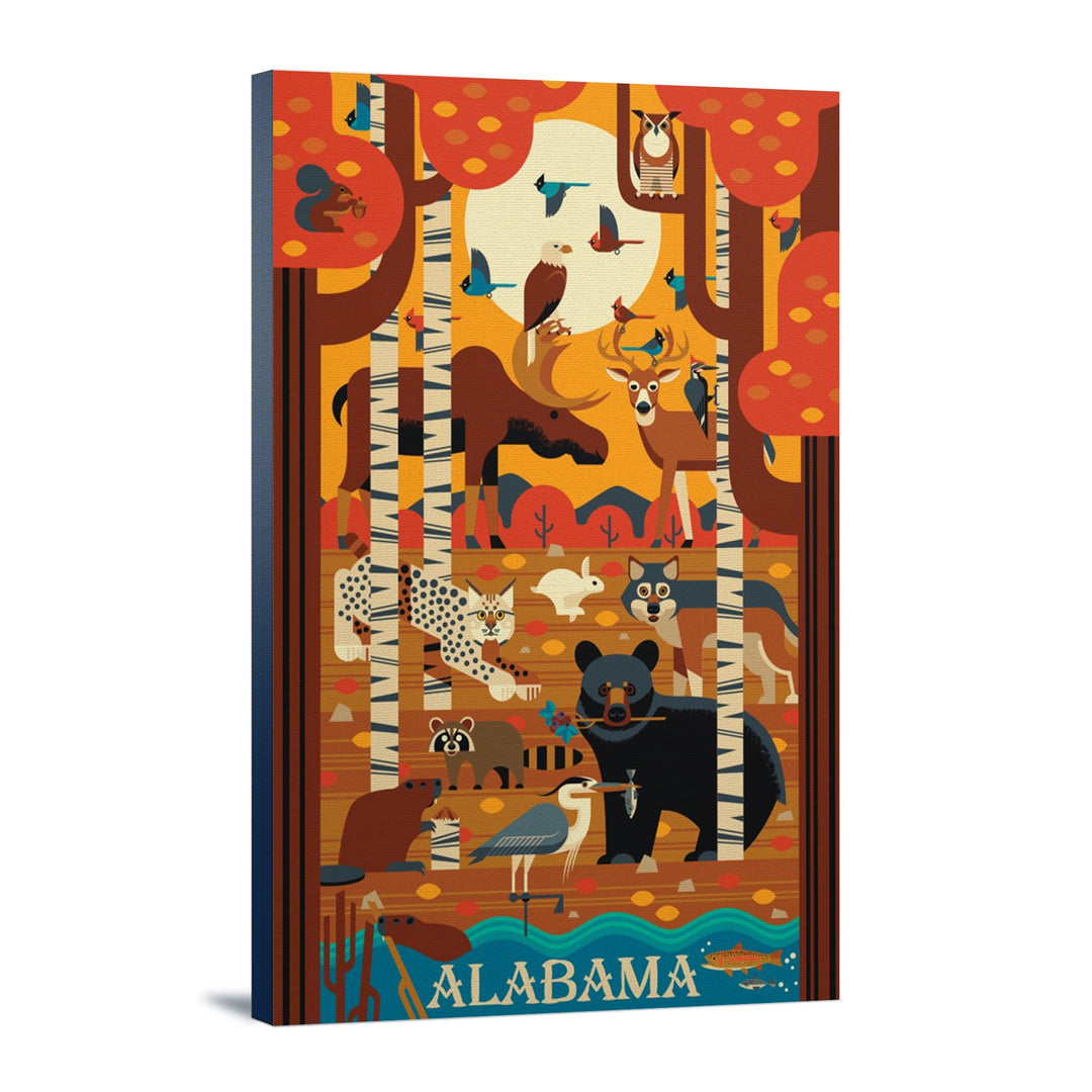 Alabama, Woodland Forest Animals, Fall, Geometric, Lantern Press Artwork, Stretched Canvas Canvas Lantern Press 16x24 Stretched Canvas 