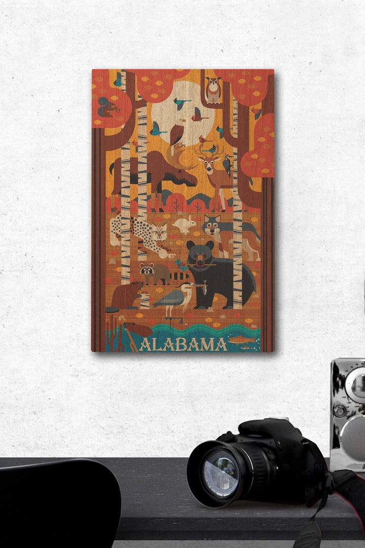 Alabama, Woodland Forest Animals, Fall, Geometric, Lantern Press Artwork, Wood Signs and Postcards Wood Lantern Press 12 x 18 Wood Gallery Print 