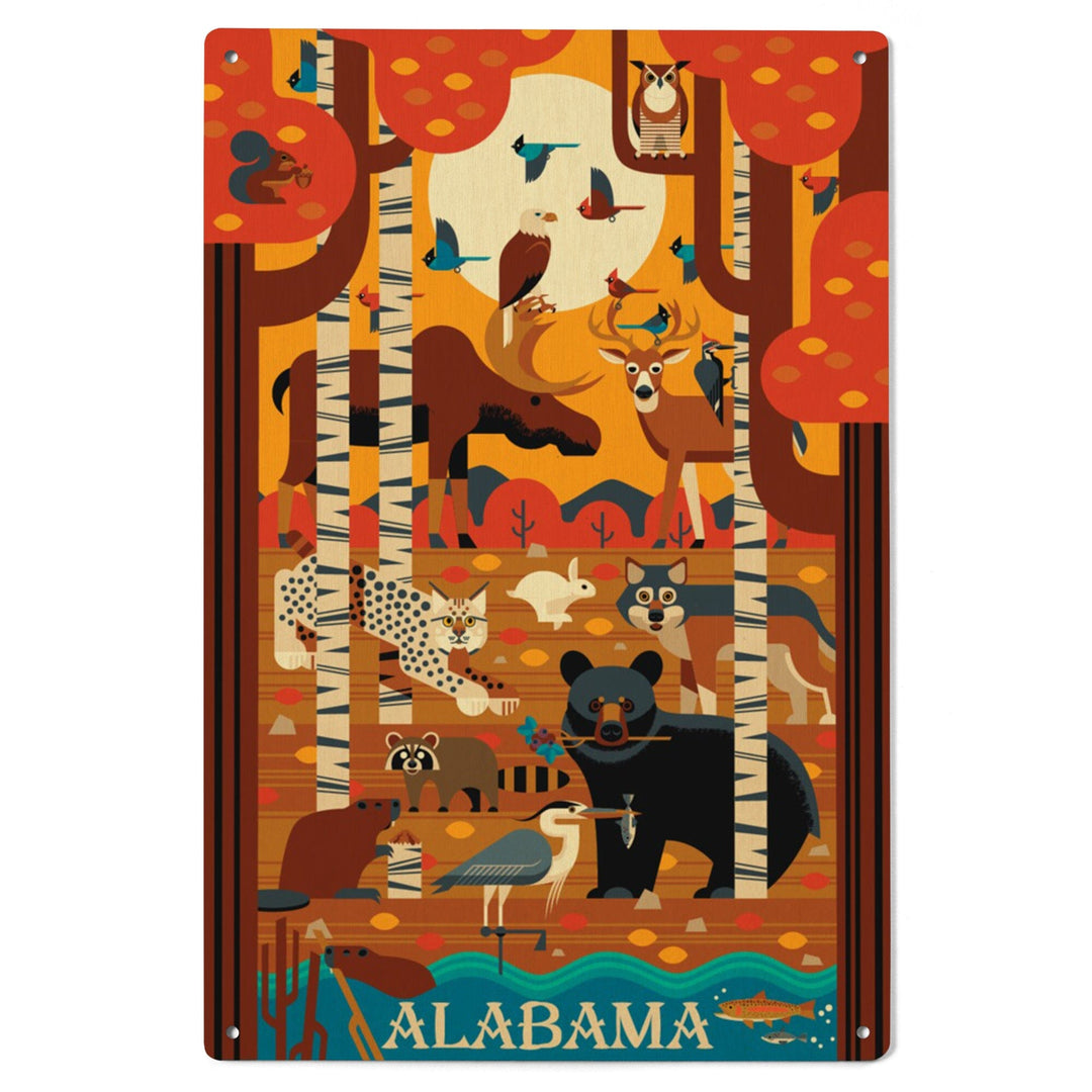 Alabama, Woodland Forest Animals, Fall, Geometric, Lantern Press Artwork, Wood Signs and Postcards Wood Lantern Press 