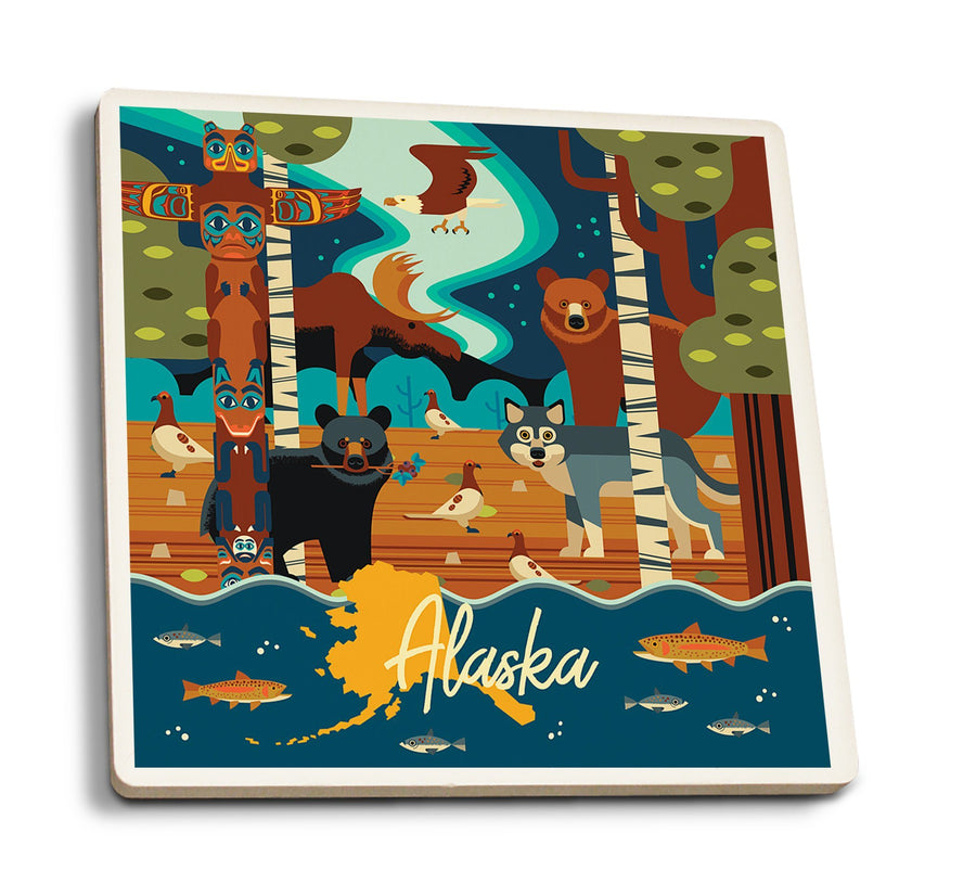 Alaska, Animals, Geometric, Lantern Press Artwork, Coaster Set Coasters Lantern Press 