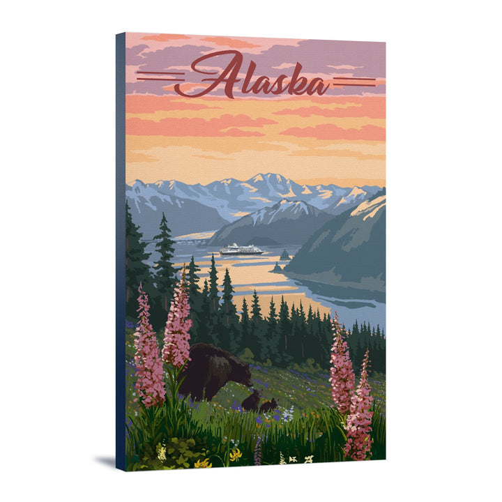 Alaska, Bear & Spring Flowers, Cruise Ship, Lantern Press Artwork, Stretched Canvas Canvas Lantern Press 12x18 Stretched Canvas 
