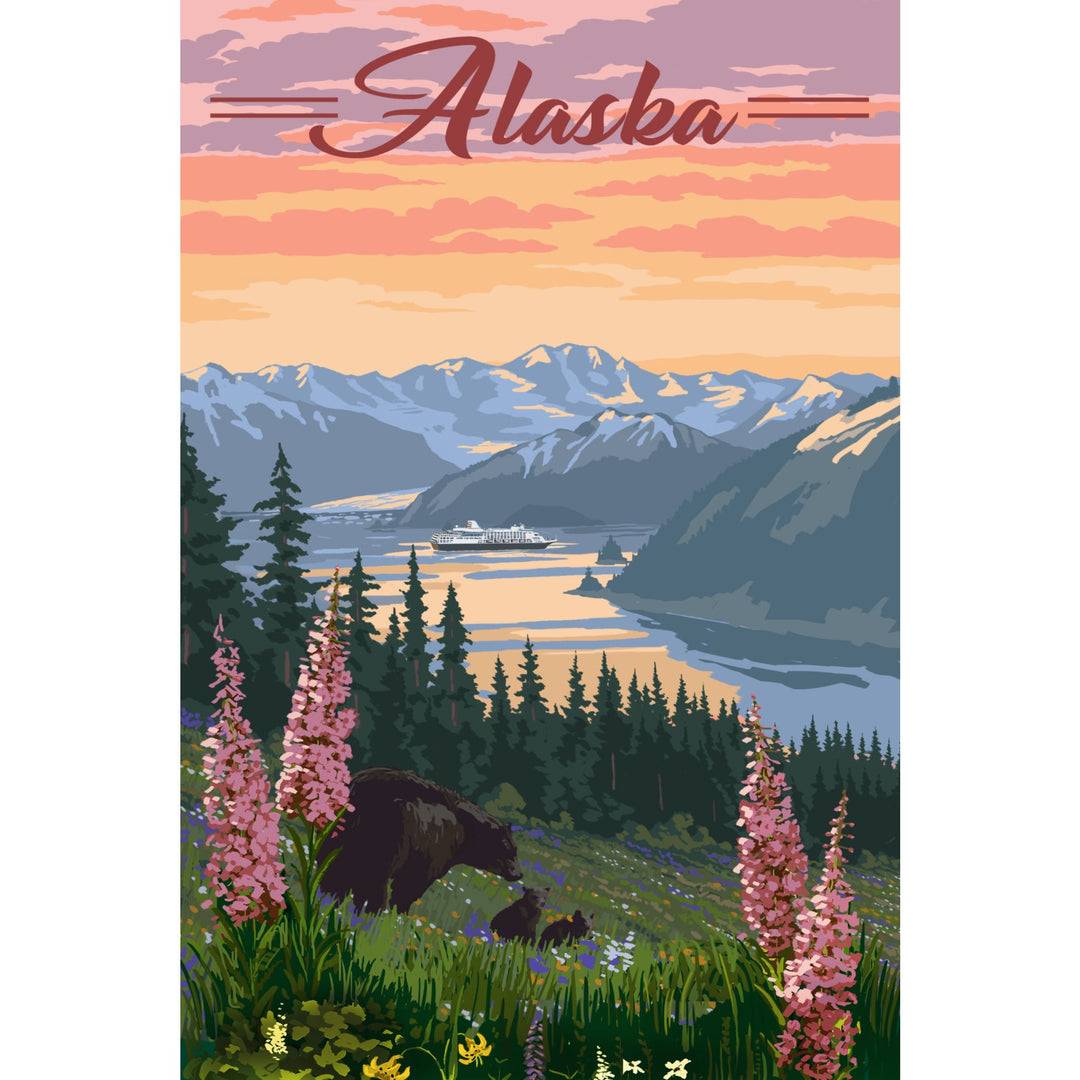 Alaska, Bear & Spring Flowers, Cruise Ship, Lantern Press Artwork, Stretched Canvas Canvas Lantern Press 