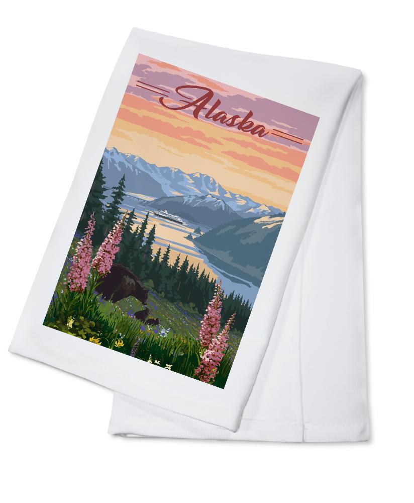 Alaska, Bear & Spring Flowers, Cruise Ship, Lantern Press Artwork, Towels and Aprons Kitchen Lantern Press Cotton Towel 